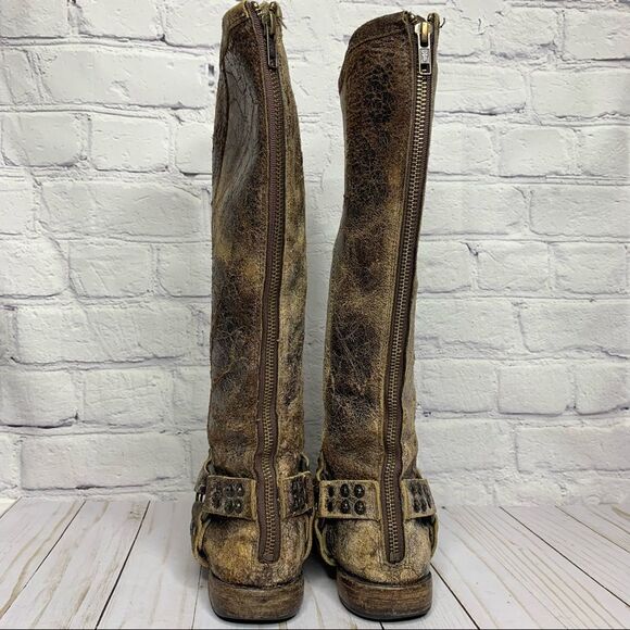 FRYE Phillip studded harness tall boots in chocolate glazed vintage leather - Picture 9 of 16